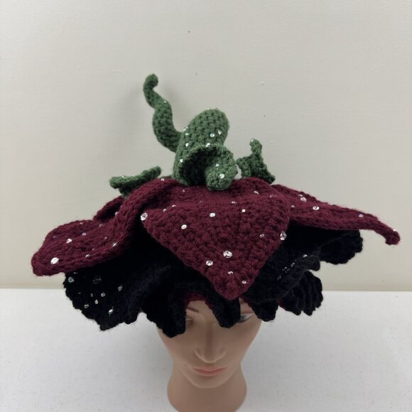 Handmade Crochet Flower Hat Green Stem & Red & Black Petals Fairy Hat Costume main image 6